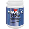 Magnex 375 mg -pullo, valkoinen mattamuovi, punainen sydänkuvake brändinimen yläpuolella, sininen tausta; groteskiteksti annostustiedoista, lihavoitu ja tavallinen kirjasinleikkaus