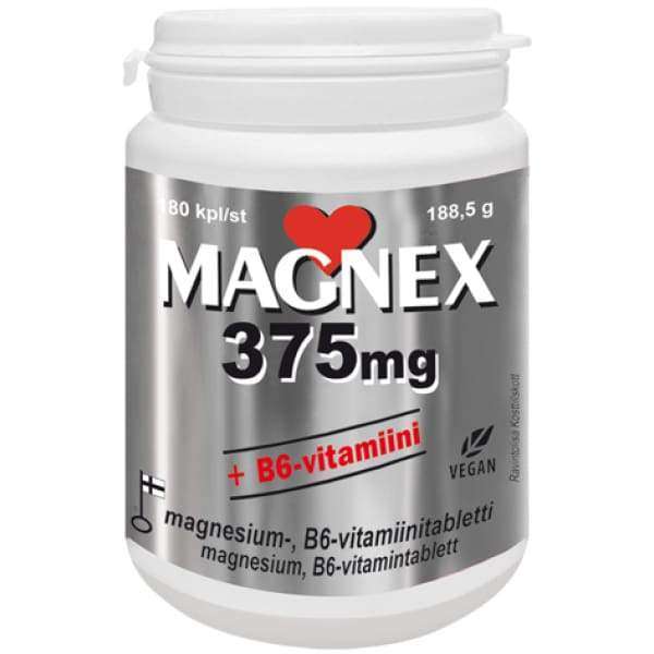 Magnex 375 mg + B6-vitamiini -purkki, valkoinen-hopeinen sylinterinmuotoinen muovi, mattapinta, musta groteskiteksti, punainen sydänkuvake, vegaanimerkki ja Suomen lippu etupuolella; 80 tablettia, 188,5 g