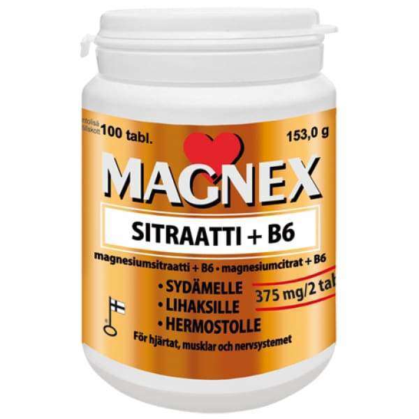 Magnex Sitraatti + B6-vitamiini -purkki, valkoinen sylinterinmuotoinen, kierrekorkki, mattapinta, sininen-hopeinen korostus; lihavoitu groteskiteksti, sydämen, lihasten ja hermoston tuki mainittu, 100 tablettia, 153 g, annostus 375 mg / 2 tablettia