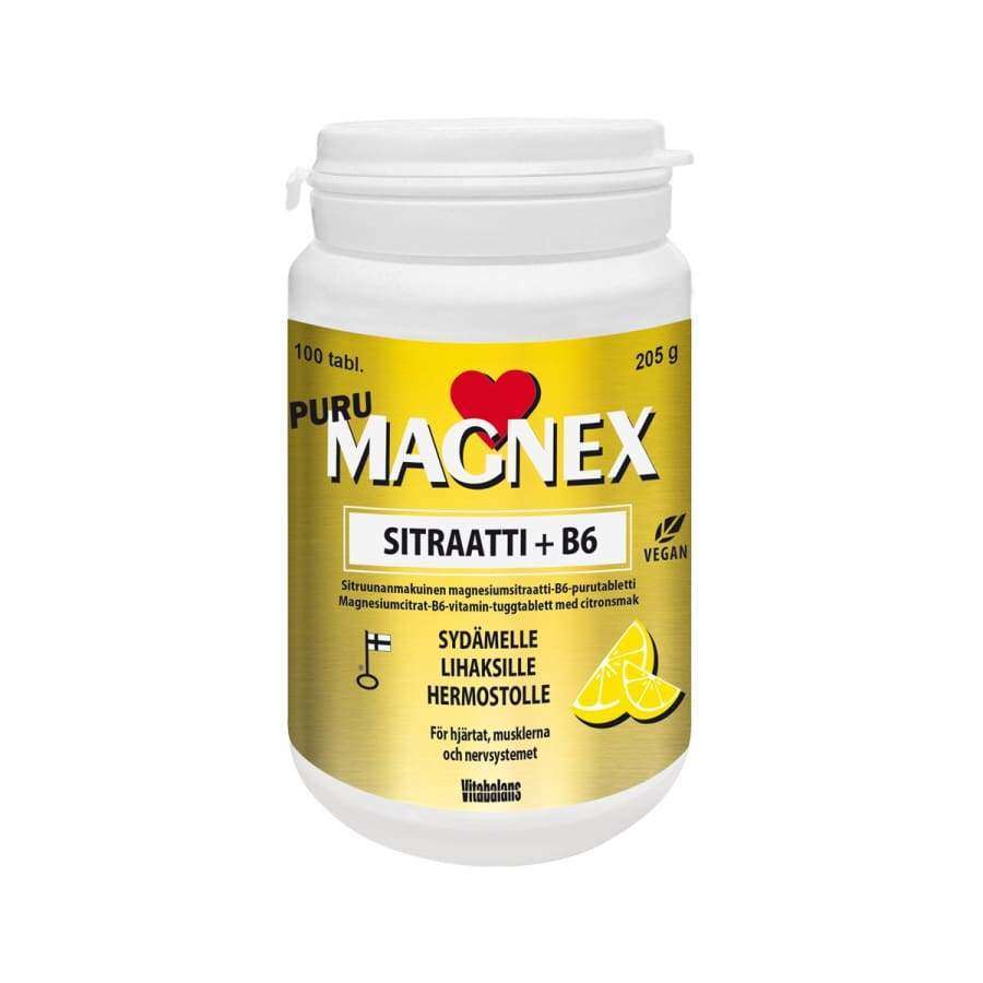 Magnex Sitraatti + B6-vitamiini Sitruuna; keltainen ja valkoinen pullo tekstillä "Magnex Sitraatti + B6", punainen sydän, sitruunaviipaleita ja suomenkielinen teksti; muovipullo mattapinnalla, lieriömäinen muoto ja valkoinen kierrekorkki; etiketissä lihavoitua groteskityyppiä, "Magnex" suurin hopeanmetallisin kirjaimin mustareunuksin; tasokuva ilman ihmisiä tai lisäesineitä; sisältää 100 tablettia sydämen, lihasten ja hermoston tueksi, vegaaninen.