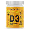 makrobios D3-Vitamiini 50 mikrog; keltainen ja valkoinen purkki oranssein aurinkosädekuvituksin, suomenkielistä tekstiä ja hopeanvärinen kansi; lieriömäinen muovipurkki mattapinnalla ja kierrekannella; groteskityyppiä etiketissä pääväreinä keltainen, valkoinen ja oranssi; vaalea studiotausta, ei ihmisiä tai muita esineitä; tukee immuunipuolustusta ja luuston terveyttä.