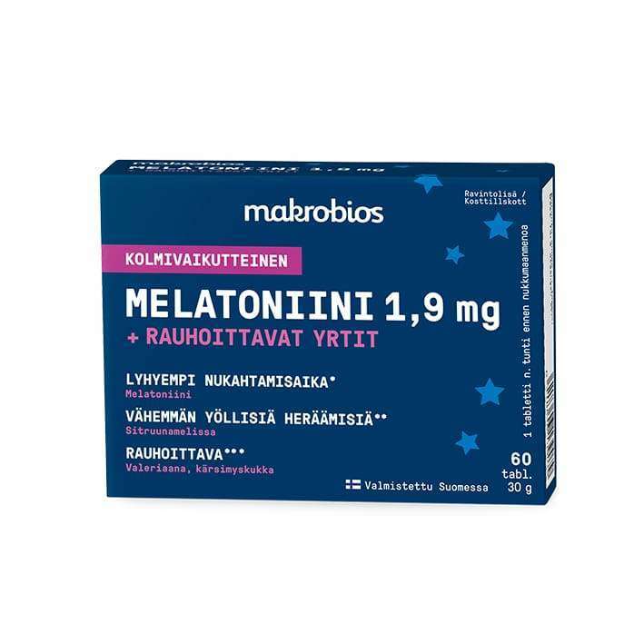 Makrobios Melatoniini 1,9 mg rauhoittavilla yrteillä, 60 tablettia; suorakulmainen pahvipakkaus mattapinnalla, pääosin violetti ja valkoinen väritys, groteskitypografiaa; suomenkielinen etiketti mainitsee helpomman nukahtamisen, vähemmän yöheräämisiä ja luonnolliset ainesosat; tuote kuvattu vaalealla taustalla edestäpäin, ei ihmisiä tai käsiä.