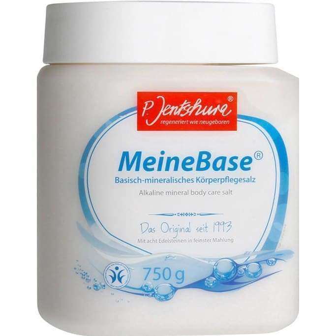 MeineBase Mineraalisuola 750 g -purkki (P. Jentschura); valkoinen mattapintainen sylinterinmuotoinen muovipurkki, kannessa sininen groteskiteksti ja punainen logo, tuotenimi saksaksi ja englanniksi