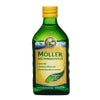 Möller Kalanmaksaöljy -pullo, vihreä, keltainen korkki, kalakuvitus, teksti omega-3:sta ja A-, D- ja E-vitamiineista, 250 ml; suorakaiteen muotoinen kiiltäväpintainen muovipullo
