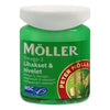 Möller Omega-3 Lihakset & Nivelet; vihreä purkki Möller Omega-3 -ravintolisää, valkoinen korkki, suomenkielistä tekstiä mattaetiketissä ja kultainen sinetti kuvin henkilöstä ja kalasta; pääteksti lihavoitua groteskifonttia tuotenimelle; astia lieriömäistä muovia; ei ihmisiä tai käsiä; tuote kuvattu neutraalia taustaa vasten studiokuvassa.