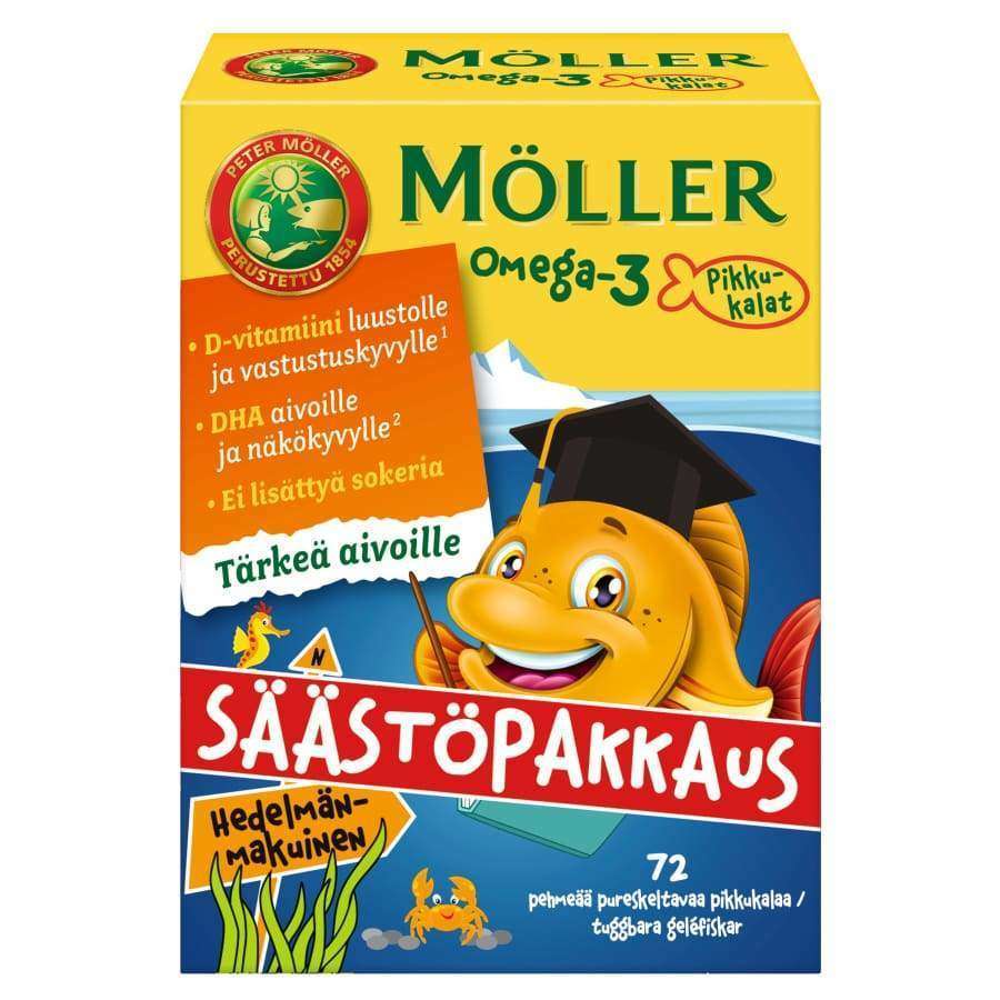 Möller Omega-3 Pikkukalat -pakkaus, värikäs suorakaiteen muotoinen rasia hymyilevällä hattupäisellä kalahahmolla; teksti suomeksi