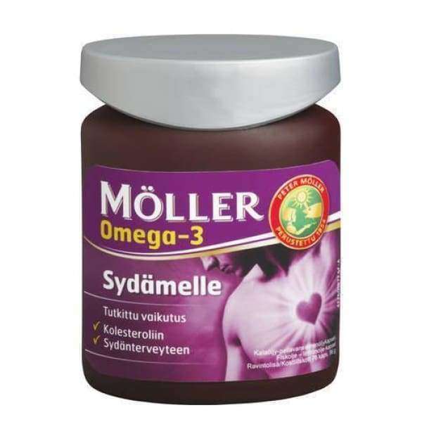 Möller Omega-3 Sydämelle -purkki, violetti etiketti sydän- ja rastikuvituksella, tukee kolesteroli- ja sydänterveyttä; muovinen sylinterinmuotoinen purkki violetilla kiiltäväpintaisella kierrekannella, valkoinen lihavoitu teksti