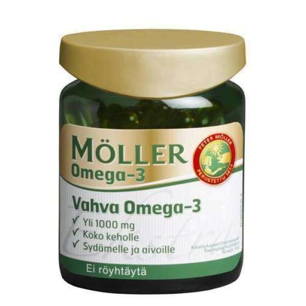 Möller Vahva Omega-3 -purkki kultaisella korkilla, sylinterinmuotoinen kiiltävä muovipurkki vihreä-kultaisella etiketillä; teksti kehon, sydämen ja aivojen hyvinvoinnista, 1000 mg omega-3:a