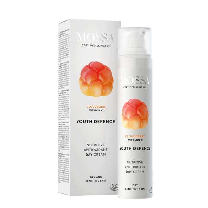 Mossa Youth Defence Nutritive Antioxidant Päivävoide (lakka C-vitamiini) -pullo ja pakkaus, valkoinen mattapinta, kuva lakasta; sylinterinmuotoinen pumppupullo, groteskiteksti tuotenimelle ja -tyypille