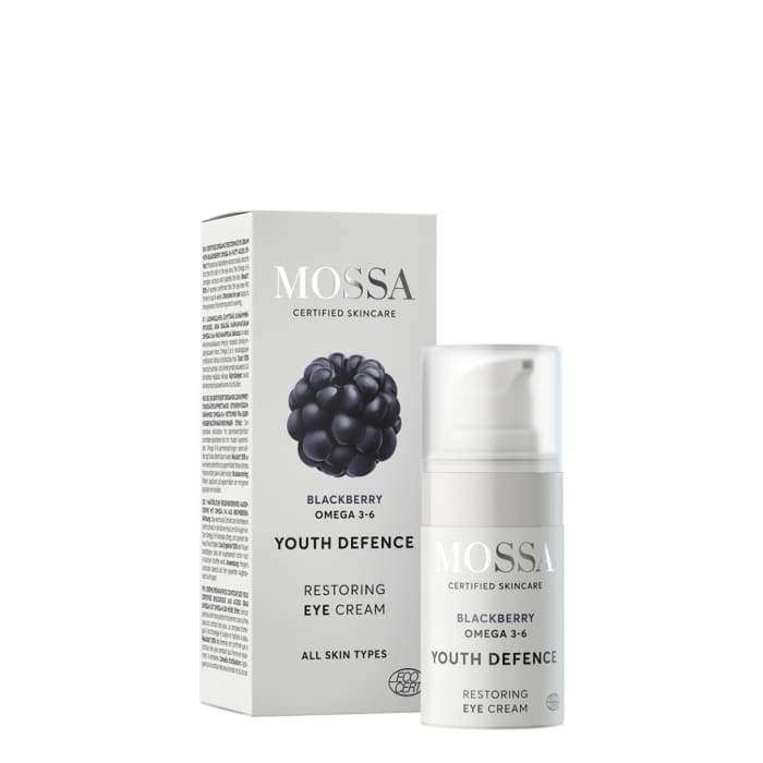 Mossa Youth Defence Restoring Silmänympärysvoide -pullo ja pakkaus, valkoinen mattapinta, karhunvatukka omega 3+6, kaikille ihotyypeille; musta-violetti groteskiteksti, kuva kypsästä karhunvatukasta