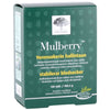 New Nordic Mulberry -tablettipakkaus, vihreä, mansikkapuun hedelmäkuva, teksti suomeksi ja ruotsiksi; mattapintainen rasia, lihavoitu groteskiteksti otsikoissa