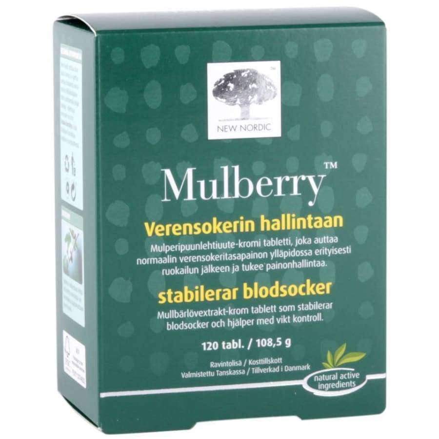 New Nordic Mulberry -tablettipakkaus, vihreä, mansikkapuun hedelmäkuva, teksti suomeksi ja ruotsiksi; mattapintainen rasia, lihavoitu groteskiteksti otsikoissa