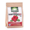 Murtolan Punainen Hamppurouhe Mix; ruskea paperipussi tekstillä "Hamppufarmi Red Hemp Protein Mix", kuvitettuna karpaloin ja vihreällä hampunlehdellä, merkinnät sokerittomuudesta ja korkeasta kuitupitoisuudesta, 350 g; mattapinta, lohkomaista fonttia; etiketti suomeksi ja ruotsiksi mainiten proteiinin edut; pussi pystyssä, ei ihmisiä tai käsiä, neutraali tausta.
