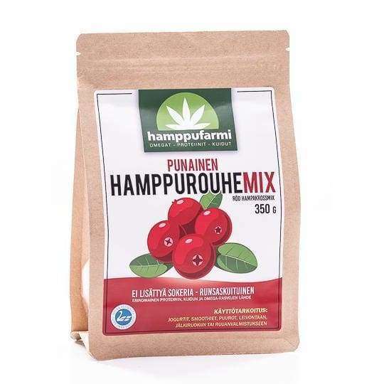 Murtolan Punainen Hamppurouhe Mix; ruskea paperipussi tekstillä "Hamppufarmi Red Hemp Protein Mix", kuvitettuna karpaloin ja vihreällä hampunlehdellä, merkinnät sokerittomuudesta ja korkeasta kuitupitoisuudesta, 350 g; mattapinta, lohkomaista fonttia; etiketti suomeksi ja ruotsiksi mainiten proteiinin edut; pussi pystyssä, ei ihmisiä tai käsiä, neutraali tausta.