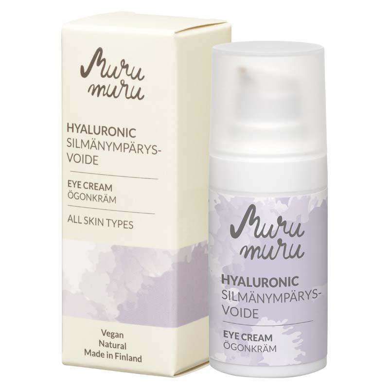 Murumuru Hyaluronic Silmänympärysvoide kaikille ihotyypeille; pullo ja pakkaus vaaleanvioletteina ja kermanvärisinä, merkitty vegaaniseksi, luonnolliseksi ja Suomessa valmistetuksi; pakkaus mattapintainen yksinkertaisella groteskitekstillä; molemmat pystyssä vaalealla taustalla; ei ihmisiä tai käsiä kuvassa; kosteuttava hyaluronihappoa sisältävä koostumus silmänympärysihon virkistykseen.