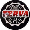 Narskuttelu Tasku Ksylitolipastilli Savuterva; pyöreä, mattapintainen tuote-etiketti mustalla pohjalla, isolla punaisella tekstillä "SAVU TERVA" ja pienemmällä valkoisella tekstillä "KSYLITOLI, 25 g, PASTILLIT"; näkyvissä myös verkko-osoite narskuttelu.fi ja maininta ksylitolipitoisuudesta; ei käsiä tai ihmisiä; lähikuva pelkästä pakkauksesta.