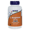 Now Foods Arginiini 500 mg -pullo, valkoinen mattamuovi, sylinterinmuotoinen, violetti kierrekorkki, oranssi suorakulmainen etiketti; lihavoitu versaaliteksti valkoisena ja tummana, 100 kapselia