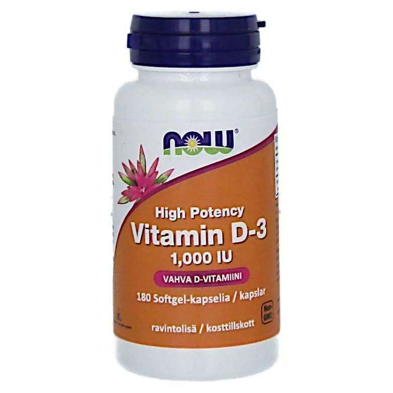 Now Foods D3-vitamiini 25 mikrog (1000 IU) -pullo, valkoinen mattamuovi, violetti korkki, oranssi-valkoinen etiketti; groteskiteksti, immuunipuolustuksen tuki, 180 pehmeäkapselia
