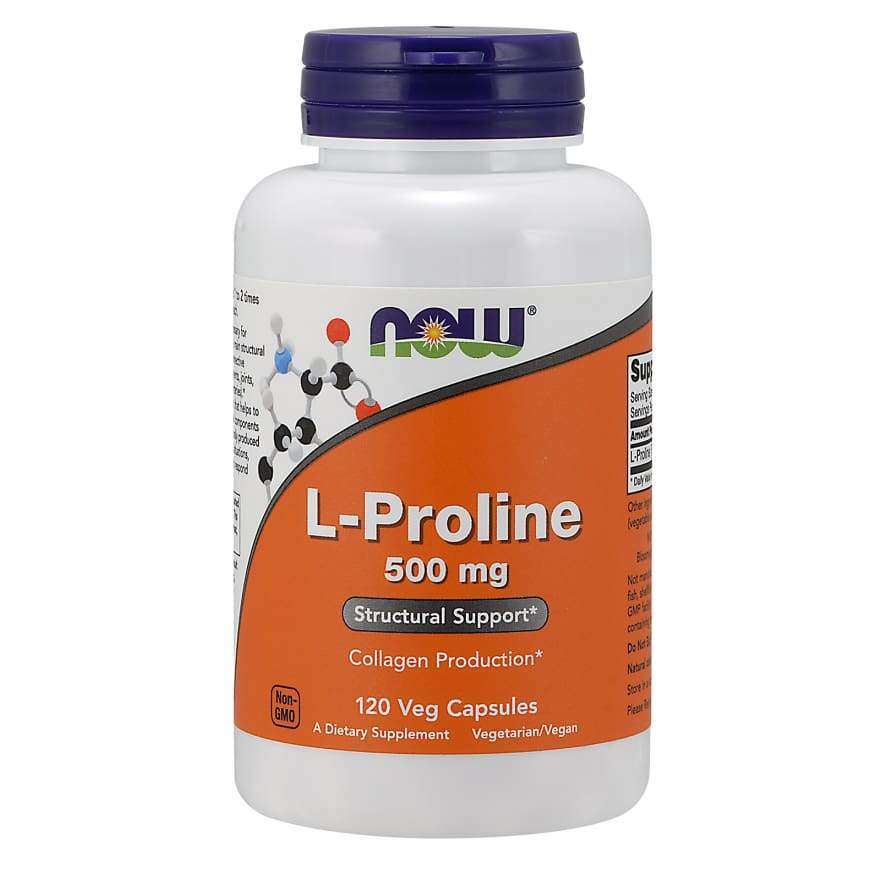 NOW L-Proline 500 mg -pullo, 120 kasviskapselia; valkoinen muovipullo kierrekorkilla; oranssi pääväri valkoisin ja violetein lohkokorostuksin, lihavoitua tekstausvapaata tekstiä ja kiiltäväpintainen etiketti; teksti mainitsee rakenteellisen tuen ja kollageenin muodostuksen; kuvattu studiotaustaa vasten, ei ihmisiä tai käsiä näkyvissä.