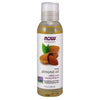 Now Foods Manteliöljy -pullo, 4 oz; läpinäkyvä muovipullo valkoisella läppäkorkilla ja sileällä sylinterimäisellä suuttimella; etusivun etiketti pääosin valkoinen violetein ja vihrein korostuksin, kuva manteleista sekä luettavaa tekstiä tuotenimestä, koosta, "100% pure", "non-GMO project verified" ja käytöstä iholle; ei ihmisiä tai käsiä kuvassa; tausta yksivärinen, suora tuotekuva.