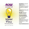 NOW Essential Oils Mental Focus -keskittymistä tukeva öljyseos, 1 fl. oz. (30 mL); kirkas lasipullo, valkoinen kierrekorkki; etiketti pääosin valkoinen ja keltainen, sisältää ainesosat, tuoksun ja hyödyt sekä uuttomenetelmän mustalla ja värillisellä tekstillä sekä kirkkaan keltaisen hehkulampun kuvituksen; groteskityyppiä; vaalea tausta, tuote keskitetty, ei ihmisiä.