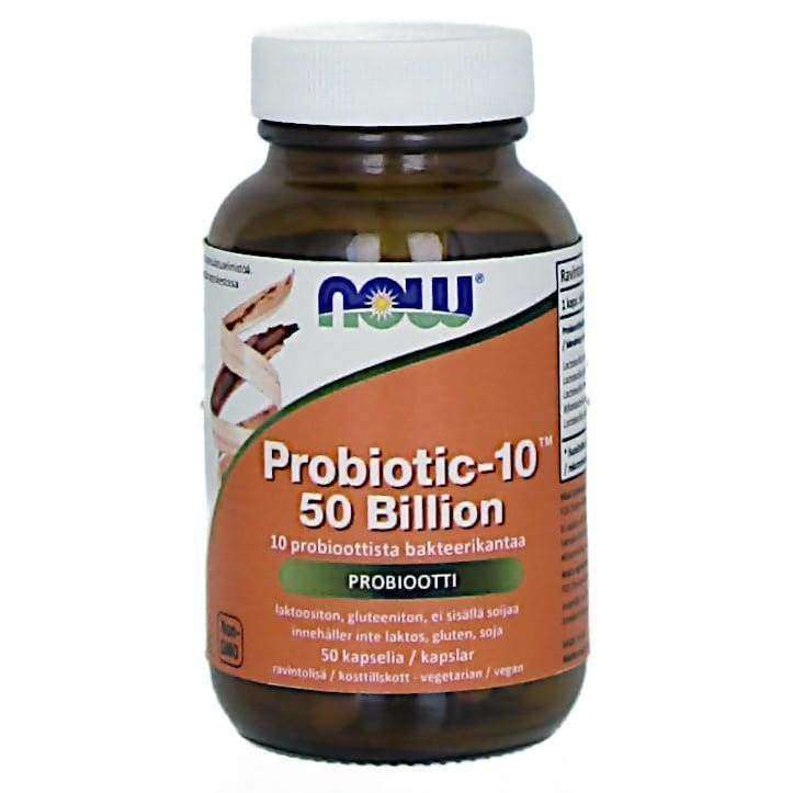 Now Foods Probiotic-10, 50 Billion -pullo, ruskea muovi, mattapinta, valkoinen kierrekorkki; teksti suomeksi ja englanniksi, 50 vegetaarista kapselia