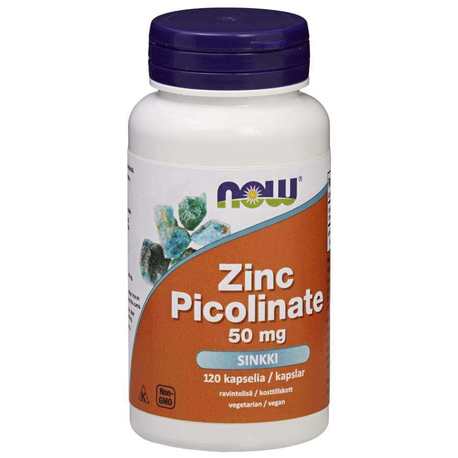 NOW Sinkkipikolinaatti 50 mg -purkki, 120 vegaanista kapselia; sylinterimäinen muovipullo valkoisella, mattapintaisella kierrekorkilla; oranssi-valkoisessa ja violetissa etiketissä kivennäisaineita kuvaavia grafiikoita ja monikielistä tekstiä, lihavoitu merkki yläosassa ja pienempi annostustiedot alla; kuvattu yksiväristä taustaa vasten läheltä, ei ihmisiä tai muita esineitä.