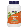NOW Slippery Elm Powder -pullo, 113 g (4 oz); valkoinen, mattapintainen ja sylinterimäinen pullo oranssilla ympärikiertävällä etiketillä; etiketissä suurta lihavoitua valkoista ja violettia tekstausvapaata tekstiä tuotenimestä ja painosta; kuvattu valkoista taustaa vasten keskitettynä, ei ihmisiä tai käsiä näkyvissä.