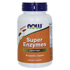 Now Foods Super Enzymes -pullo, valkoinen mattamuovi, violetti kierrekorkki, oranssi-vihreä lohkoteksti; "90 kapselia", "Entsyymit", lihavoitu groteskiteksti