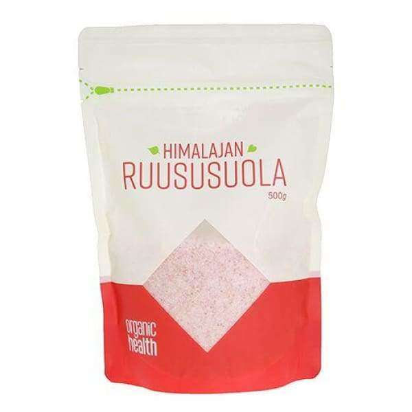 Organic Health Himalajan Ruususuola hieno, valkoinen-punainen uudelleensuljettava pussi läpinäkyvällä ikkunalla, 500 g vaaleanpunaista Himalajan suolaa