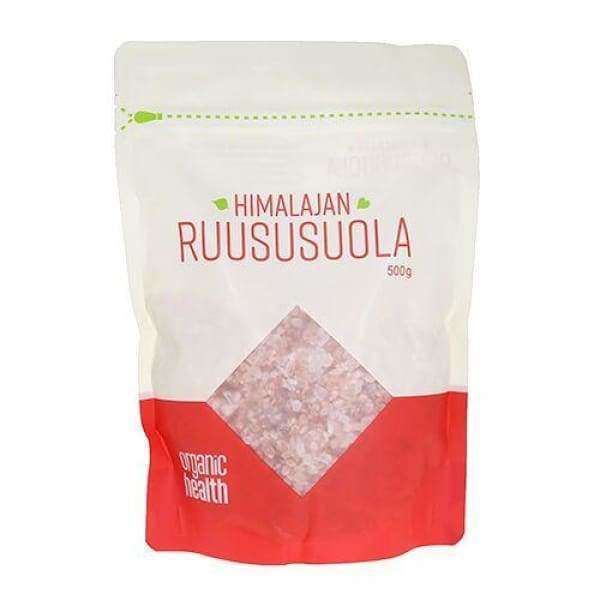 Organic Health Himalajan Ruususuola karkea -pakkaus, 500 g; punainen-valkoinen mattapintainen muovipakkaus, groteskiteksti tuotenimestä ja brändistä vasemmassa alakulmassa