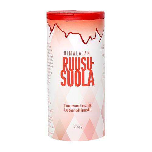 Organic Health Himalajan Ruususuola Sirotin; lieriömäinen himalajanruususuola-astia punaisella kannella ja geometrisin vaaleanpunaisin kuvioin, suomenkielinen etiketti, sisältää 200 g gourmet-suolaa; pakkaus kirkasta muovia mattapinnalla; etikettitypografia yksinkertaista groteskia mustana ja valkoisena vaaleanpunaisella pohjalla; ei ihmisiä tai käsiä; tausta valkoinen, studiokuva tuotteesta.