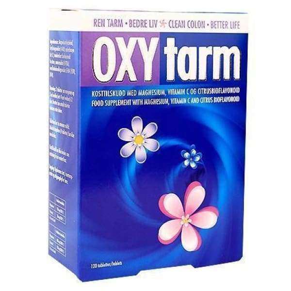 Oxytarm-pakkaus, sininen, kukkakuvioita, mattapintainen pahvirasia; teksti pääosin tanskaksi ja englanniksi, magnesium, C-vitamiini ja sitrusbioflavonoidit mainittu