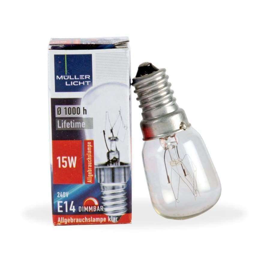 Muller Licht 15 W -lamppu (E14, 240 V, himmennettävä, 1000 tunnin käyttöikä) pakkauksensa vieressä; kirkas lasinen lamppu metallisella kannalla, suorakaiteen muotoinen pakkaus teknisin tiedoin