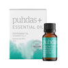 Puhdas+ Essential Oil Peppermint -laatikko ja ruskea lasipullo, 100-prosenttisesti puhdasta piparminttuöljyä, 10 ml; laatikko mattavalkoinen ja turkoosi väripohja, pystysuora suorakulmainen muoto, pyöreä puhtaussinettikuvitus, tekstausvapaata typografiaa ja selkeä brändäys; molemmat esineet kuvattu valkoista taustaa vasten suoraviivaisessa tuotekuvassa.