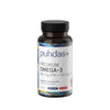 Puhdas+ Premium Omega-3 180 mg EPA + 120 mg DHA; lieriön muotoinen, kiiltäväpintainen pullo mustalla muovisella kierrekorkilla; valkoinen etiketti sinisin ja kultaisin yksityiskohdin, selkeä moderni groteskiteksti mainitsee 180 mg EPA:ta ja 120 mg DHA:ta pieneläinkalasta; valkoinen tausta.