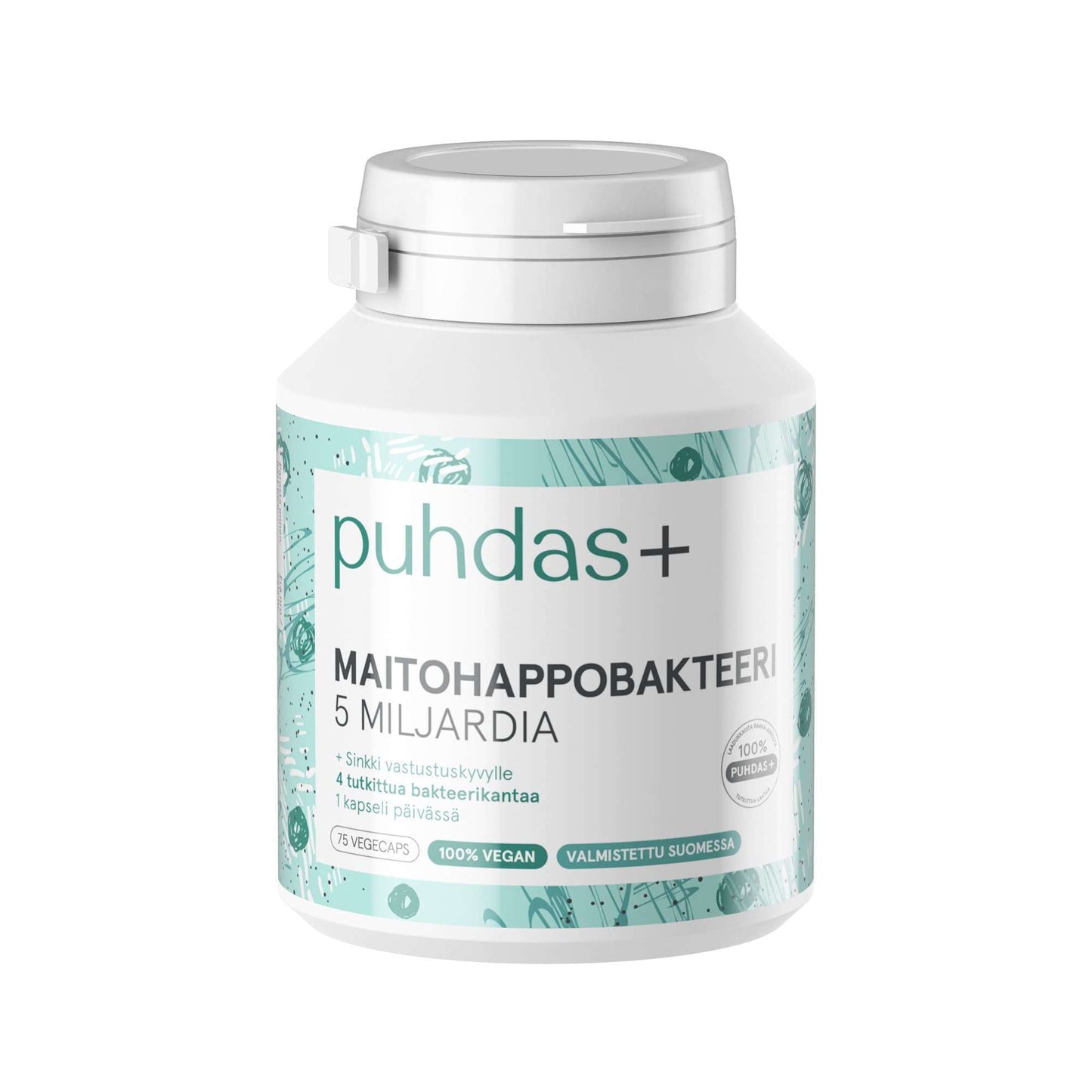 puhdas+ Maitohappobakteeri, 5 miljardia, 100% vegaaninen; valkoinen purkki turkoosilla etiketillä; lieriömäinen pullo, mattapinta, valkoinen muovikorkki, vihreitä graafisia korostuksia etiketissä; teksti selkeällä groteskifontilla; vaalea tausta, ei ihmisiä; suoraan edestä kuvattu tuotekuva.