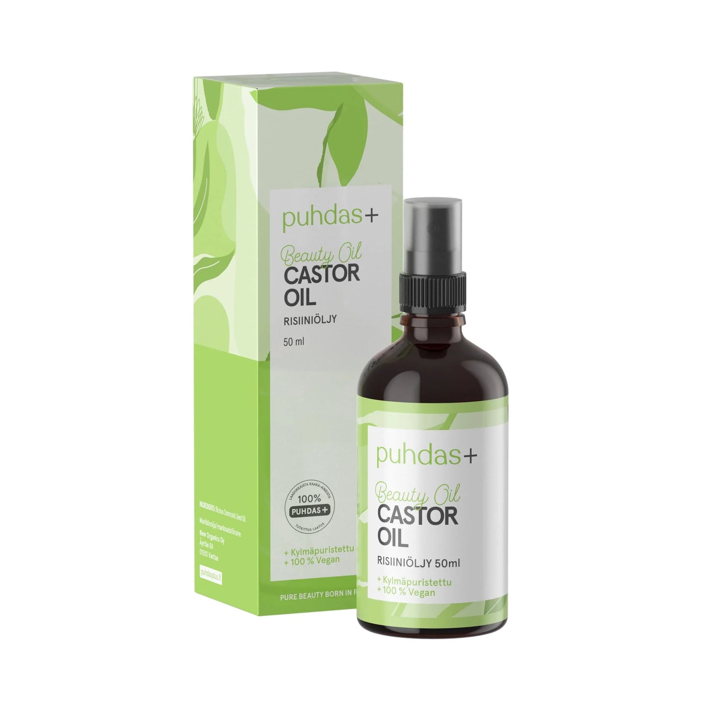puhdas+ Beauty Oil Risiiniöljy, 50 ml, sekä sen vihreä ja valkoinen rasia; kirkas lasipullo valkoisella tiputinkorkilla, sisältää vaaleankeltaista öljyä; sekä pullossa että rasiassa lohkokirjaimin painettua tekstiä 100% vegaanisesta koostumuksesta, eläinkokeettomuudesta ja puhtaan kauneusöljyn hyödyistä; vaalea studiotausta, ei ihmisiä.