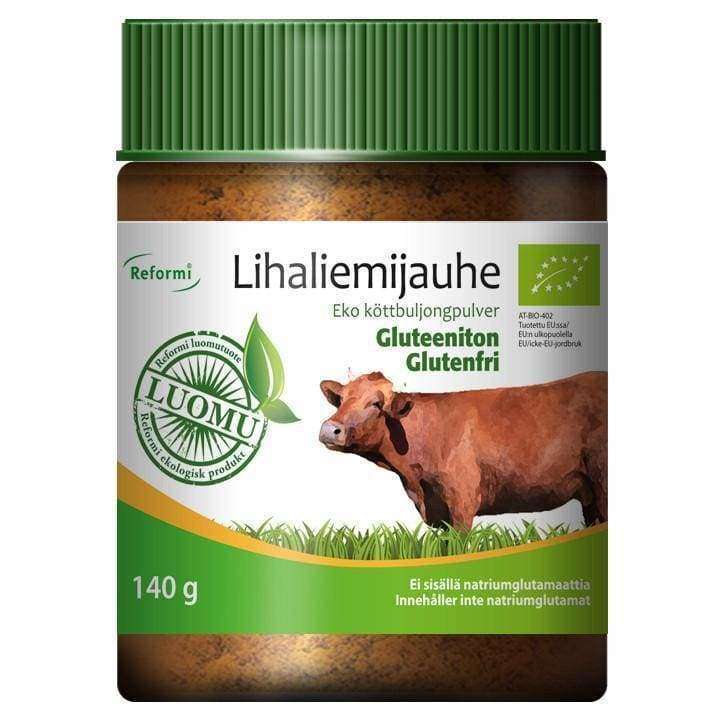 Reformi Luomu Lihaliemijauhe-purkki, vihreä-valkoinen sylinterinmuotoinen muovipurkki lehmäkuvituksella; 140 g, luomu, gluteeniton