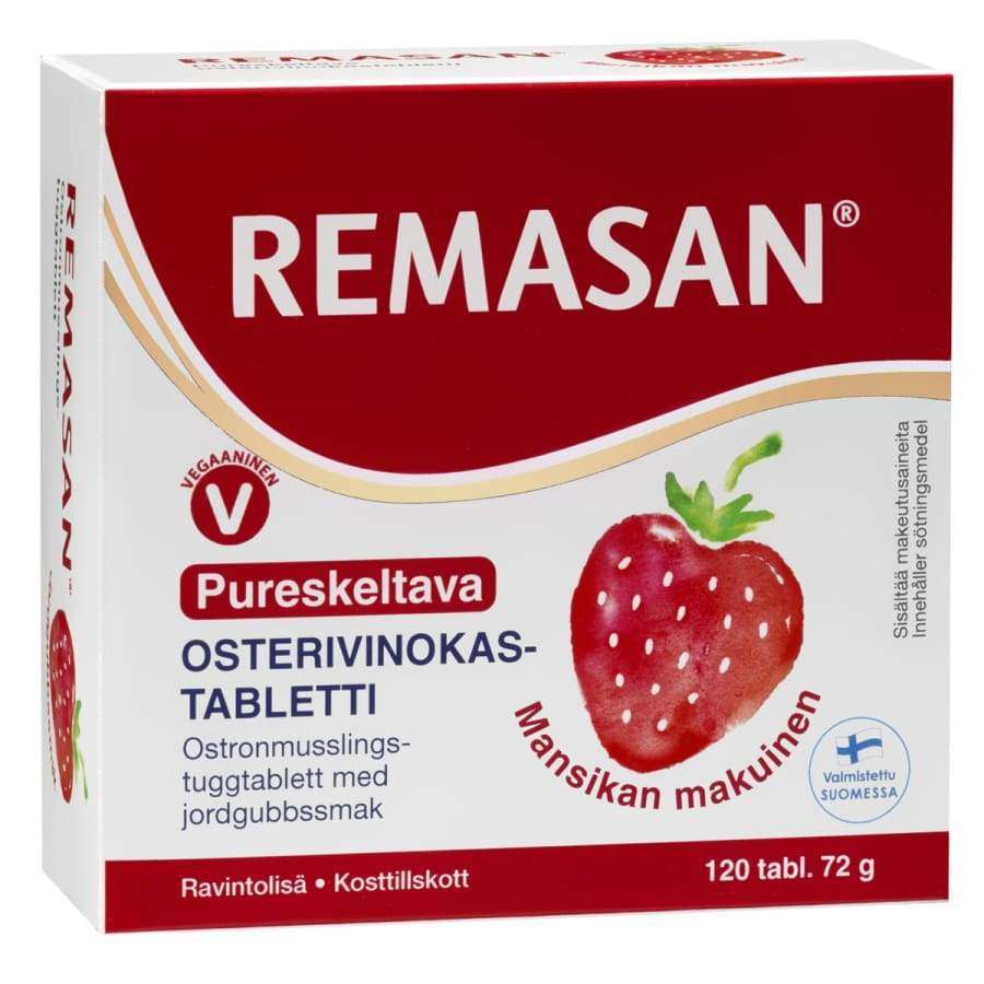 Remasan Pureskeltava Osterivinokastabletti; Remasan-pureskeltavien tablettien rasia mansikkakuvalla, merkitty vegaaniseksi ja mansikanmakuiseksi; pakkaus pääosin valkoinen punaisin korostuksin, suorakulmainen ja mattapintainen; tuotetiedot painettu suomeksi ja ruotsiksi groteskifontilla; vaalea tausta, ei ihmisiä tai käsiä kuvassa.