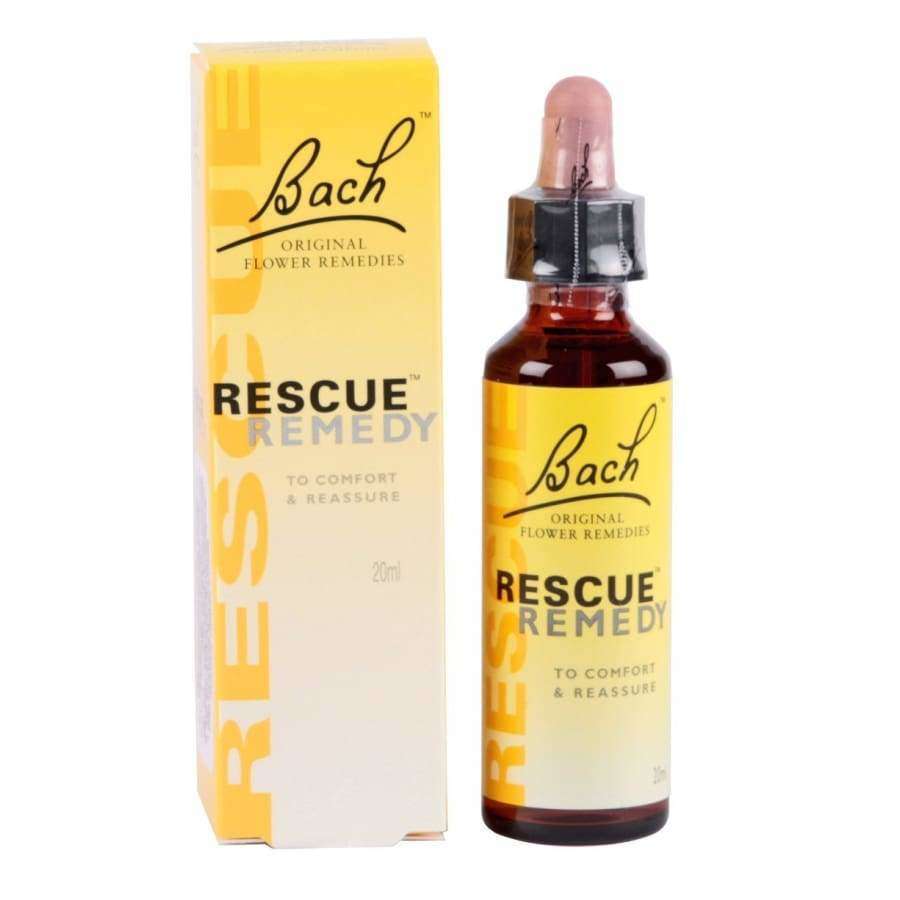 Rescue Remedy kukkauutetipat 20 ml, ruskea lasipullo tippapipetillä sekä sitä vastaava keltainen rasia