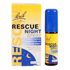 Rescue Remedy Night Spray -pakkaus, keltainen-sininen rasia ja suihkepullo kuunsirppi- ja tähtikuvituksella; teksti "alkoholiton", 20 ml