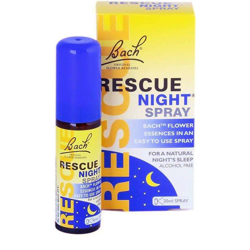 Rescue Remedy Night Spray -pakkaus, keltainen-sininen rasia ja ruskea lasipullo valkoisella suihkekorkilla; teksti "alkoholiton", 20 ml