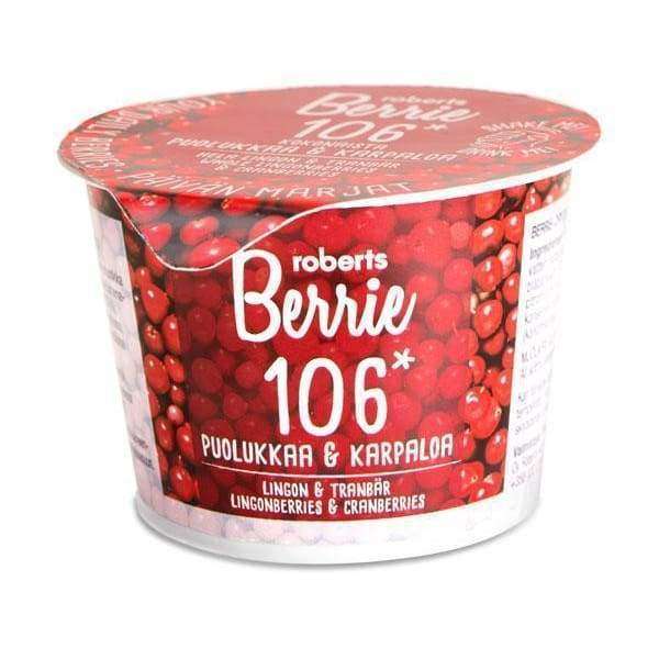 Roberts Berrie Puolukka & Karpalo -pakkaus, 106; eloisa punainen marjakuvitus sekä lihavoitua valkoista tekstiä kupissa ja kannessa; pakkaus läpinäkyvä muovikuppi leveällä tasaisella yläosalla, kiiltäväpintainen ja kupumainen läpinäkyvä kansi; iso tekstausvapaa fontti näyttää tuotenimen; ei näkyvää toimintaa tai ihmisiä; tausta valkoinen, keskitetty tuotekuva.