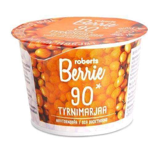 Roberts Berrie 90* Tyrnimarjaa -pakkaus, virkistävä tyrnimarjasmoothie; kirkkaan oranssi ja kiiltäväpintainen pakkaus, sylinterimäinen muoto, todennäköisesti muovia; etiketissä kuvia oransseista marjoista sekä tekstiä sekä suomeksi että englanniksi valkoisin ja mustin tekstausvapain fontein; etiketissä tuotenimi ja kuvaus; ei ihmisiä tai käsiä näkyvissä; tausta yksinkertainen.