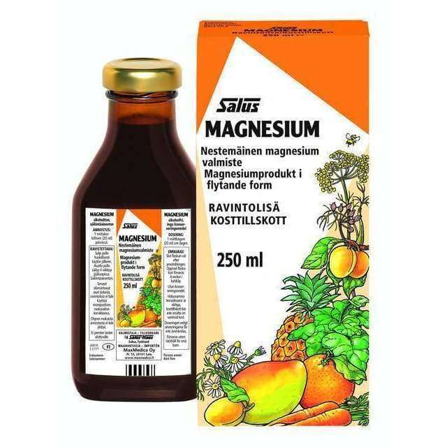 Salus Magnesium -pullo ja pakkaus, 250 ml, värikkäitä vihannes- ja yrttikuvia pakkauksessa; ruskea lasipullo mattapintaisella etiketillä, valkoinen rasia puna-korostuksin, teksti suomeksi ja ruotsiksi