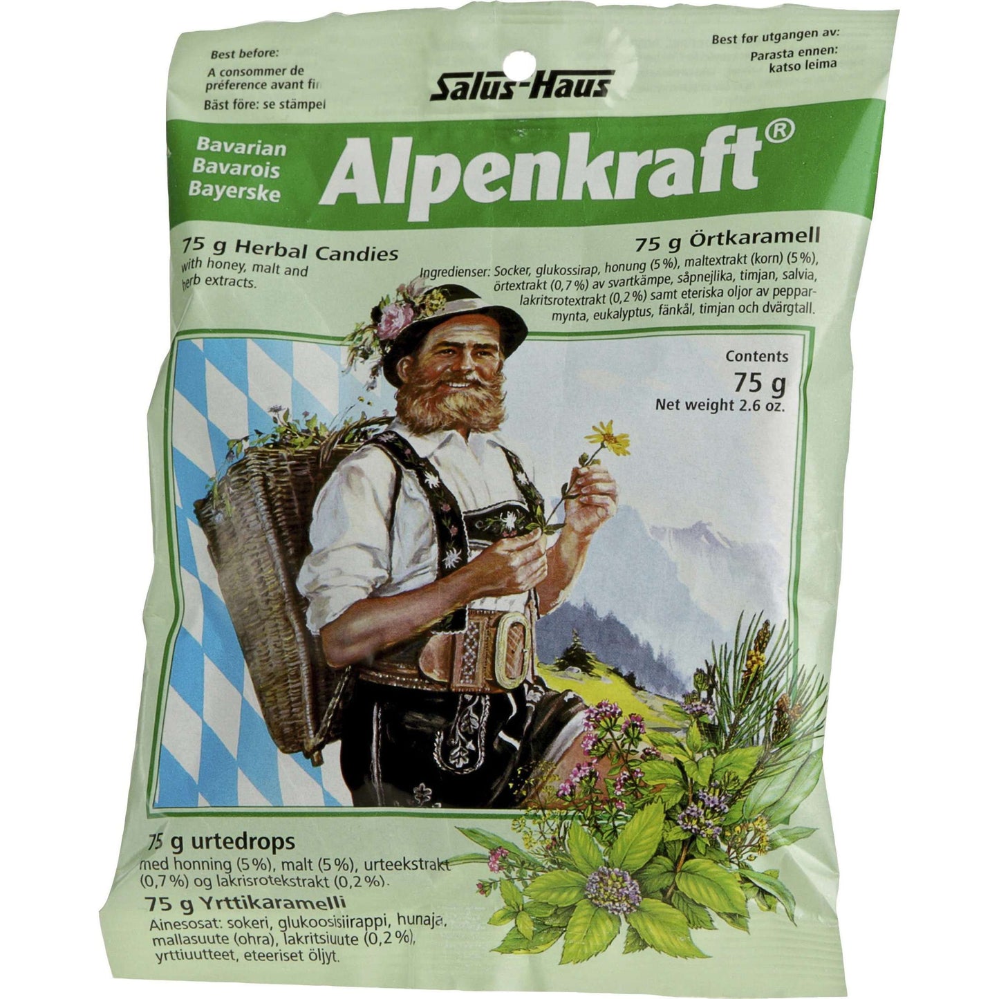 Salus Alpenkraft Yrttikaramelli; vihreä pussi, kuvituksena baijerilaisasuinen mies kori kädessään ja tähtiruusukukka toisessa, taustalla vuoria ja alppikasveja; pakkaus suorakulmainen ja mattapintainen; "Alpenkraft"-tuotenimi isoin valkoisin groteskikirjaimin ylälaidassa; kuvassa näkyy vain avaamattoman pussin etupuoli vaalealla taustalla.