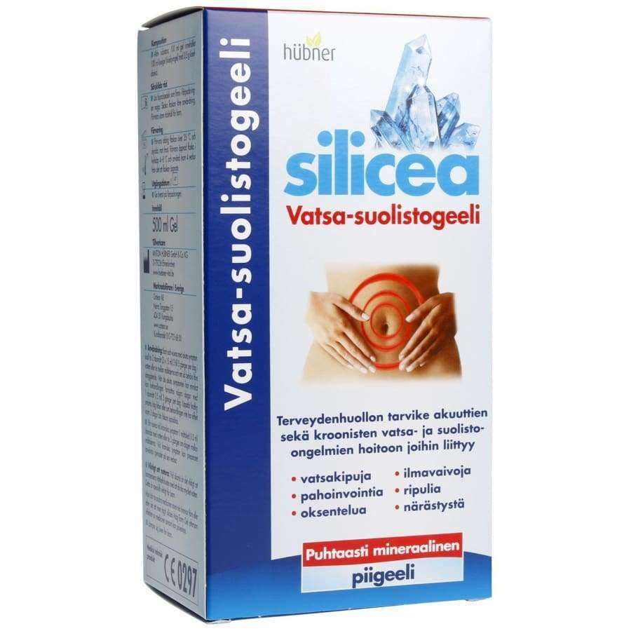 Silicea Vatsa-suolistogeeli -pakkaus, suomalainen ruoansulatusta tukeva geeli; valkoinen mattapintainen rasia sinis-punaisella groteskitekstillä, kuvitus käsistä vatsan päällä punaisin ympyräkuvioin