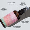 Skin & Tonic Be Soothed ruususuihke; lasinen suihkepullo makaa harmaalla alustalla, lieriön muotoinen ja kiiltäväpintainen mustalla suihkesuuttimella; tekstissä mainitaan mielialan kohotus, luonnonmukaiset ainesosat, kosteutus, tasapaino ja punoituksen rauhoitus.