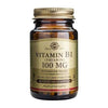 Solgar B1-vitamiini (Tiamiini) 100 mg -pullo, ruskea läpinäkyvä lasi, matta kultainen muovikorkki; beige etiketti musta-kultaisella antiikvatekstillä, vegaaninen, gluteeniton, 100 kasviskapselia